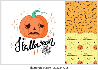 Halloween retro pattern various seamless patterns. Black and orange. Vector, illustration.