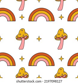 Halloween retro seamless pattern with rainbows and mushrooms.  Psychedelic halloween seamless white background.