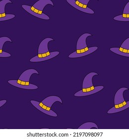 Halloween-Retro-nahtloses Muster mit Hexenhüten.  Psychedelischer Halloween nahtloser dunkler Hintergrund.