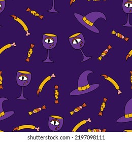 Halloween retro seamless pattern with witch hats and wine glasses.  Psychedelic halloween seamless dark background