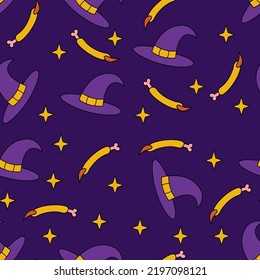 Halloween retro seamless pattern with witch hats.  Psychedelic halloween seamless dark background. 