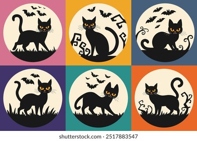 Halloween retro set of black cats and bats on the background of the moon. Vintage set of square Halloween compositions with silhouettes of black cats. Stock vector.