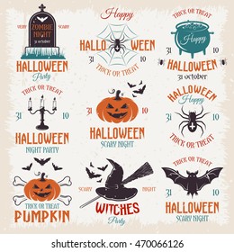 Halloween retro style emblems of parties and celebrations with holiday symbols on beige worn  background vector illustration