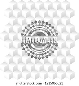 Halloween retro style grey emblem with geometric cube white background