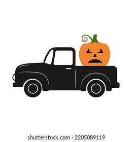 Halloween retro truck with pumpkin. Vector template for typography poster, banner, flyer, postcard, logo design, etc.