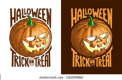 Halloween retro vintage pumpkin Jack-o-lantern. Color vector in the style of engraving. Worn textures on a separate layer.