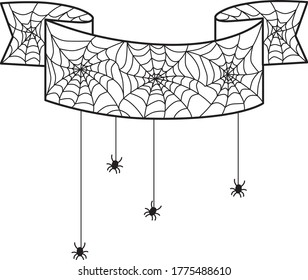 Halloween ribbon with spider web, spiders, net. Vector stock illustration template create Halloween design isolated on white background.