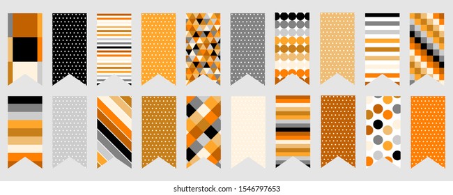 Halloween ribbon tags, flags, scrapbook clipart elements for holiday decoration, orange black and gray patterns