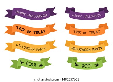 Halloween ribbons vector illustrations with typography set. HAPPY HALLOWEEN, TRICK or TREAT, HALLOWEEN PARTY and BOO color badges on white background.