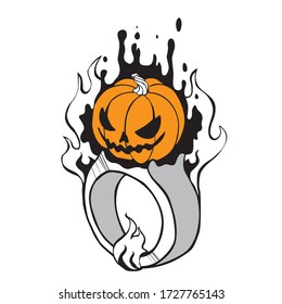 Halloween ring pumpkin in magic fire.  Perfect Halloween background, tattoo art, boho design, occult. Ideal for printing, posters, t-shirts, textiles. Vector illustration.