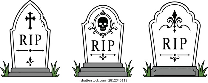 Halloween RIP Tombstone Icon Collection Flat Vector Illustration