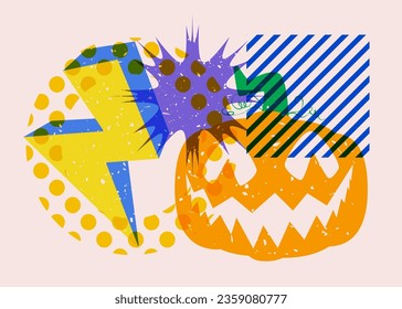 Halloween riso graph poster with Jack O' Lantern and geometric shapes. Abstract holiday theme. Geometry elements abstract risograph print texture style.