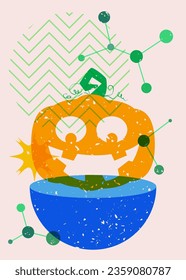Halloween riso graph poster with Jack O' Lantern and geometric shapes. Abstract holiday theme. Geometry elements abstract risograph print texture style.