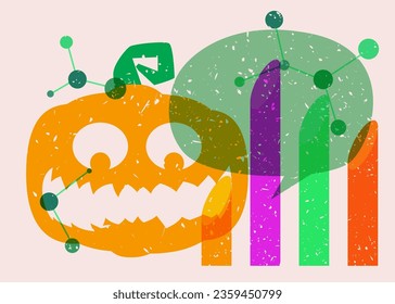 Affiche du riso d'Halloween avec Jack O'Lantern, bulle de discours et formes géométriques. Thème abstrait des vacances. Géométrie éléments abstraits style d'impression de texture au risographe.