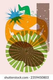Halloween riso graph poster with Jack O' Lantern, speech bubble and geometric shapes. Abstract holiday theme. Geometry elements abstract risograph print texture style.