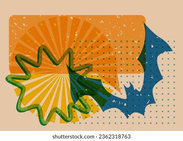 Halloween risograph poster with bat, speech bubble and geometric shapes. Holiday trendy riso graph design. Geometry elements abstract print texture style.