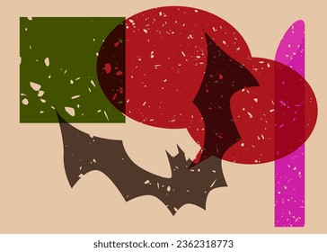 Halloween risograph poster with bat, speech bubble and geometric shapes. Holiday trendy riso graph design. Geometry elements abstract print texture style.