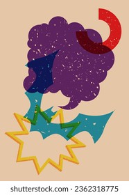 Halloween risograph poster with bat, speech bubble and geometric shapes. Holiday trendy riso graph design. Geometry elements abstract print texture style.