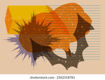Halloween risograph poster with bat, speech bubble and geometric shapes. Holiday trendy riso graph design. Geometry elements abstract print texture style.