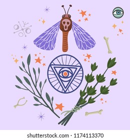 Halloween ritual items with moth, pentagram and herbs. Vector design for prints, tshirts, party posters and banners.