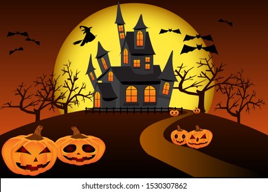 Halloween. The road to the haunted house on the hill, among the pumpkins in a creepy atmosphere with witch on broomstick, bats and full moon.  Horror vector illustration with frightful details.