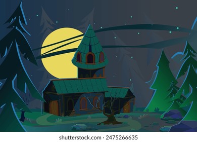 Halloween. The road to the  house on the hill, among the creepy atmosphere  and full moon. Horror vector illustration with frightful details.