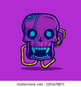 Halloween robot skull in neon cyberpunk style vector design.