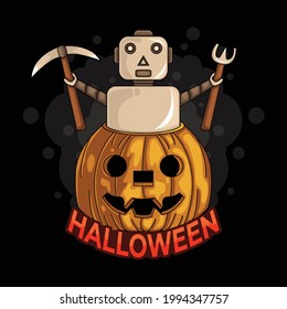 Halloween robot with tools appear from the pumpkin