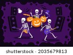Halloween rock party. Rock group of skeletons and pumpkins performing for halloween. Vector illustration