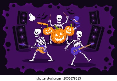 Halloween rock party. Rock group of skeletons and pumpkins performing for halloween. Vector illustration