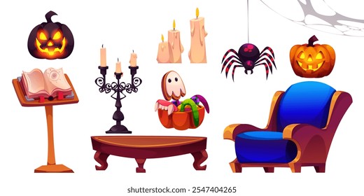 Halloween room decor set with glowing pumpkin lanterns and hanging spooky spider, vintage blue armchair and wooden table, spell book on stand, candles in ornate holder, basket with sweet candies.