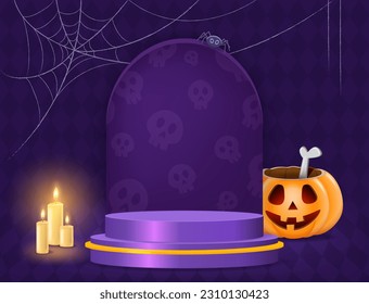 Halloween room diamond-shaped wall vector background with purple podium, spider, pumpkin and candles and web on the floor for design