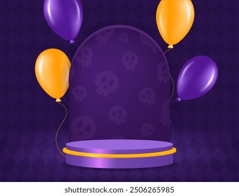 Halloween room diamond-shaped wall vector background with purple podium and flying balloons on the floor for design