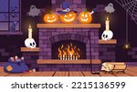 Halloween room with fireplace, pumpkins and skulls. Vector image.