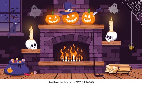 Halloween room with fireplace, pumpkins and skulls. Vector image.