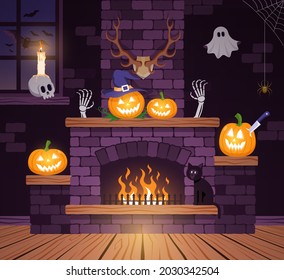 Halloween room in the old castle. Festive halloween fireplace with pumpkins. Vector illustration.