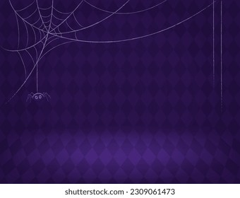 Halloween room with purple diamond-shaped wall and hanging spider web vector background for design