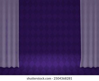 Halloween room with purple diamond-shaped wall for vector background with white transparent curtain for design