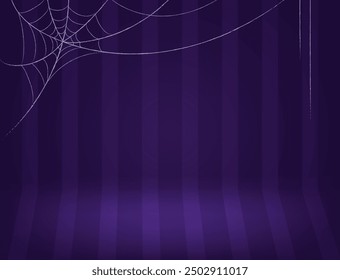 Halloween room with purple striped wall and hanging spider web vector background for design