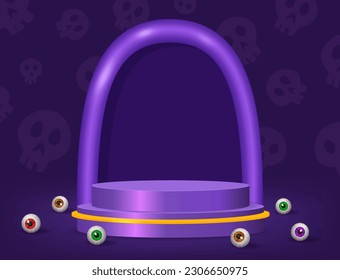 Halloween room skull textured wall vector background with purple podium and eyes on the floor for design