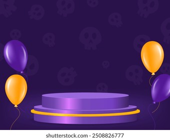 Halloween room skull textured wall vector background with purple podium and flying balloons for design