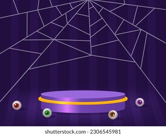 Halloween-Zimmer gestreiften Wandhintergrund mit violettem Podium, Spinnennetz und Blick auf den Boden für Design