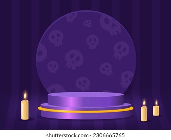 Halloween room striped wall vector background with purple podium and candles on the floor for design