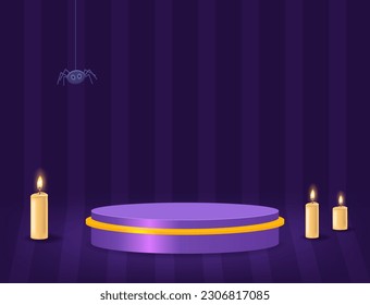 Halloween habitación con fondo de vectores de pared de rayas con podio morado, telaraña y velas en el suelo para diseño