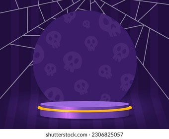 Halloween room striped wall vector background with purple podium, round banner with skulls and spider web for design