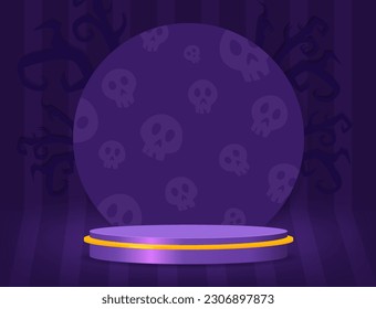 Halloween habitación con fondo de vectores de pared a rayas con podio morado, banner redondo con cráneos y ramas de árbol para diseño
