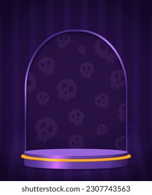 Halloween room striped wall vector background with purple podium and arch with skulls for design