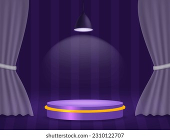Halloween room striped wall vector background with purple podium, lamp and transparent curtain on the floor for design