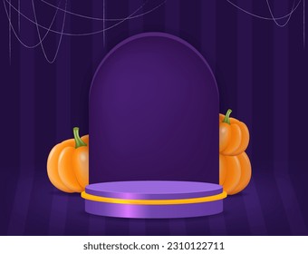 Wandgestreifter Halloween-Raum, Vektorhintergrund mit violettem Podium auf dem Boden, Kürbis und Spinnennetz für Design