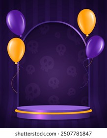Halloween room striped wall vector background with purple podium, arch with skulls and flying balloons for design
